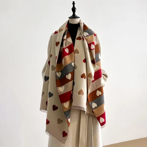 Sciarpa in Imitazione Cachemire da Donna Con Motivo a Cuore Scialle Lungo Caldo Con Nappine per Inverno Autunno Dolce