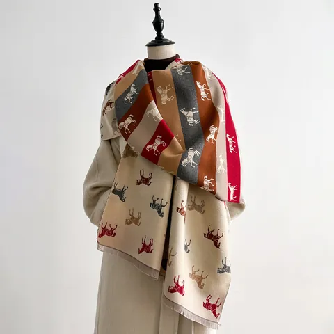 Écharpe Femme Imitation Cachemire Imprimé Cheval Vintage Châle Color Block Épais Avec Glands Col Chaud Hiver Pour Dame