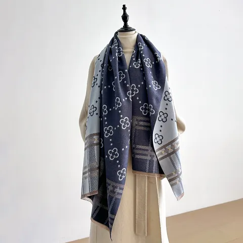 Sciarpa Scialle da Donna in Imitazione Cashmere Quadrifoglio Motivo Griglia Nappe Spessa Invernale Calda per Ufficio Casual