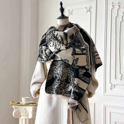 Damen Kaschmir-Imitat Schal Winter Dick Warm Wald Tierdruck Toile De Jouy Schultertuch Mit Fransen Wickel Pashmina