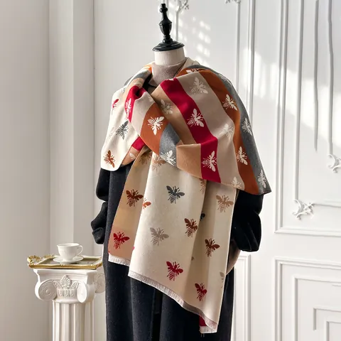 Women's Vintage Bee Pattern Imitation Cashmere Scarf Double Sided Striped Thick Warm Shawl With Tassels Fashion Wrap