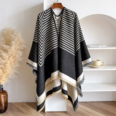 Damen Gestreift Quasten Poncho Cape Kaschmir-Imitat Warm Farbblock Schal Umhang Für Winter Herbst Ethno-Stil Mode