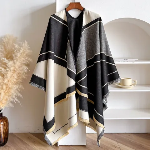 Women Autumn Winter Geometric Patchwork Poncho Shawl Cape Imitation Cashmere Warm Tassel Open Front Oversized Wrap Cardigan