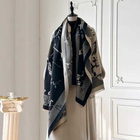 Bufanda de Mujer Vintage Imitación de Cachemira Chal Grueso Cálido Estampado Floral Pájaro Jacquard Con Borlas Pashmina de Invierno