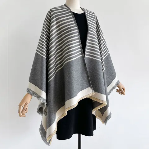 Damen Gestreift Quasten Poncho Cape Kaschmir-Imitat Warm Farbblock Schal Umhang Für Winter Herbst Ethno-Stil Mode
