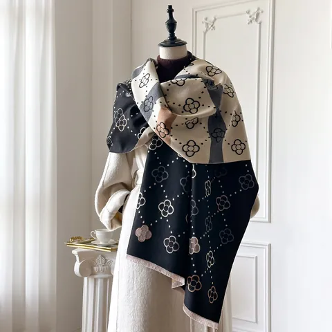 Dames Sjaal Met Bloemenprint Dikke Imitatie Kasjmier Sjaal Omslagdoek Vintage Kleurblok Bloem Kwastje Warme Winter Sjaal Voor Dames