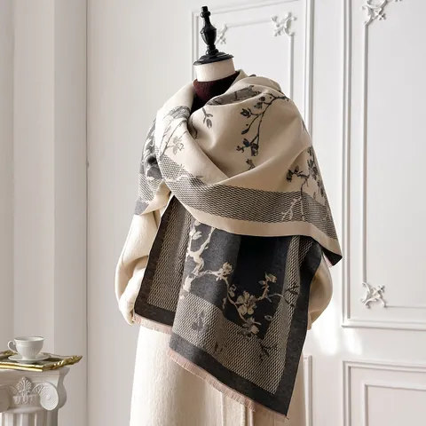 Bufanda de Mujer Vintage Imitación de Cachemira Chal Grueso Cálido Estampado Floral Pájaro Jacquard Con Borlas Pashmina de Invierno