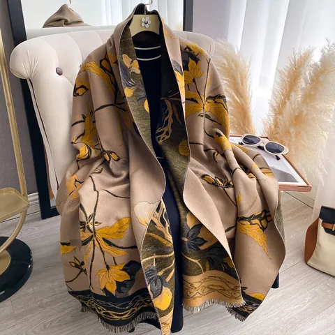 Damen Vintage Blumenmuster Schultertuch Schal Doppelseitig Dick Warm Winter Umhang Mit Quasten Polyester Pashmina Stil Schal