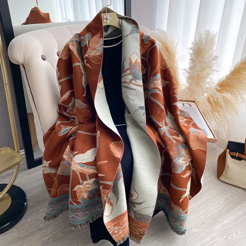 Damen Vintage Blumenmuster Schultertuch Schal Doppelseitig Dick Warm Winter Umhang Mit Quasten Polyester Pashmina Stil Schal