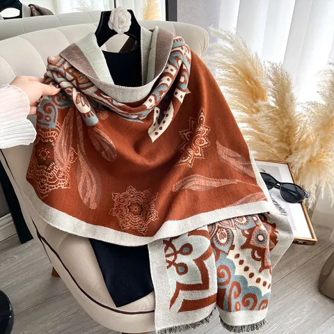Damen Vintage Ethnisch Blumen Druck Schal Dick Warm Schultertuch Boho Mandala Quasten Wrap Winter Halswärmer Pashmina
