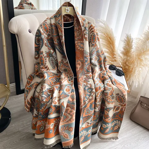 Women Ethnic Paisley Print Scarf Retro Tassel Shawl Wrap Soft Polyester Jacquard Winter Warm Pashmina Large Scarf Gift
