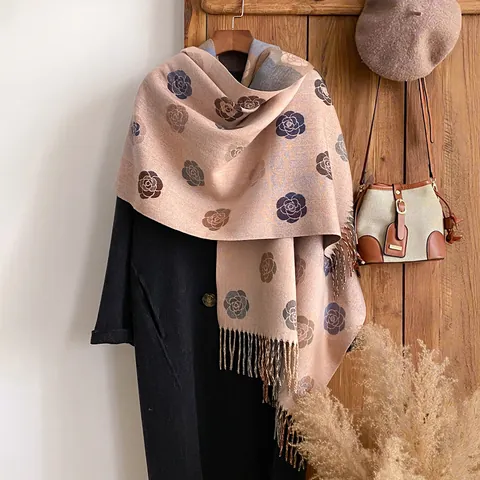 Damen Mode Rose Kamelie Jacquard Schal Doppelseitiges Kaschmir-Imitat Winter Warmes Schultertuch Mit Quasten Weiches Langes Wrap