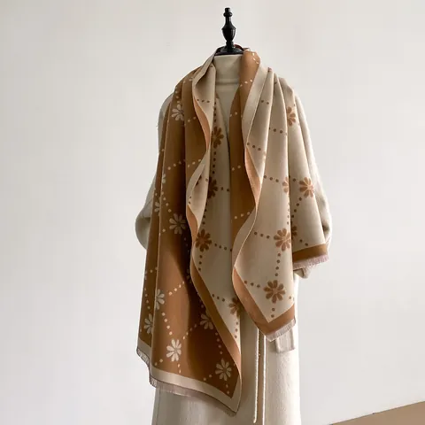 Women's Reversible Daisy Floral Pashmina Scarf Autumn Winter Warm Thick Shawl With Tassels Polka Dot Jacquard Wrap
