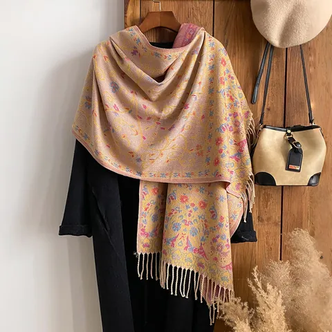 Women Floral Ethnic Scarf Vintage Jacquard Tassel Shawl Bohemian Paisley Long Scarf Polyester Cashmere-Like Warm Winter Scarf