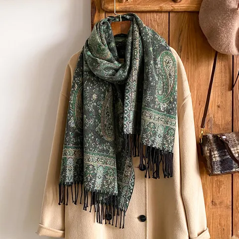 Vintage Paisley Ζακάρ Κασκόλ για Γυναίκες Μεγάλη Εθνική Βοημική Εσάρπα με Φούντες Ζεστή Χειμερινή Πολυεστέρα Μαλακή Πασμίνα
