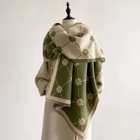 Women's Reversible Daisy Floral Pashmina Scarf Autumn Winter Warm Thick Shawl With Tassels Polka Dot Jacquard Wrap