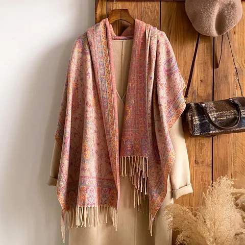 Vintage Paisley Ζακάρ Κασκόλ για Γυναίκες Μεγάλη Εθνική Βοημική Εσάρπα με Φούντες Ζεστή Χειμερινή Πολυεστέρα Μαλακή Πασμίνα
