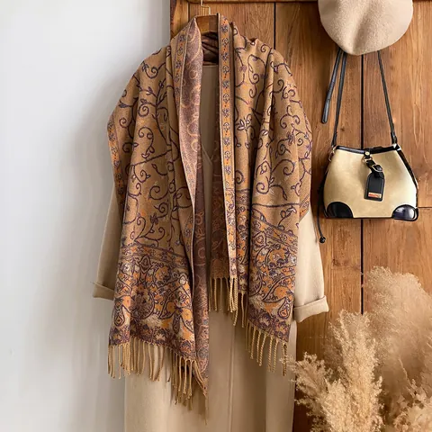 Women Floral Ethnic Scarf Vintage Jacquard Tassel Shawl Bohemian Paisley Long Scarf Polyester Cashmere-Like Warm Winter Scarf