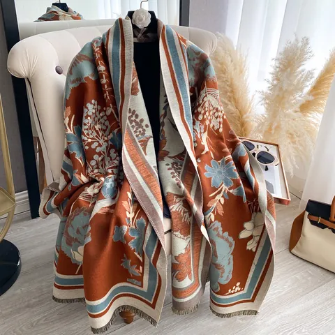 Sciarpa Donna Spessa in Imitazione Cashmere Stampa Floreale Doppio Lato Scialle Invernale Caldo Con Frange Retrò