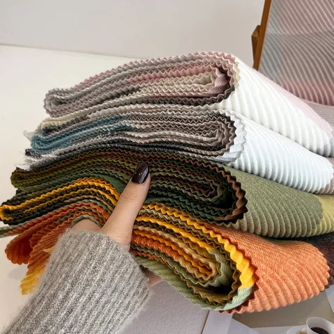 Women Patchwork Pleated Scarf Winter Warm Color Block Large Shawl Crinkled Fashion Wrap Polyester Scarf Daily Accessory