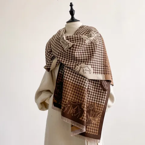 Damen Elegant Hahnentritt Rose Blumenmuster Schal Warm Dick Polyester Kaschmir-Imitat Quaste Schultertuch Für Winter