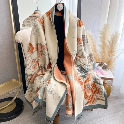 Vintage Floral Butterfly Jacquard Scarf For Women Thick Warm Imitation Cashmere Scarf Shawl Wrap With Tassels Artistic Scarf