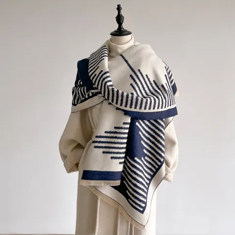 Women Winter Cashmere Like Geometric Shawl Scarf Elegant Tassel Warm Oversized Wrap Casual Jacquard Scarf For Daily Wear