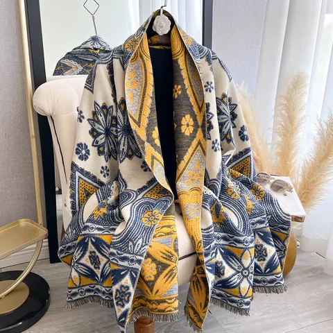 Sciarpa Pashmina Etnica Retro per Donna Poliestere Effetto Cachemire Jacquard Nappa Grande Scialle Invernale Bohemien Paisley