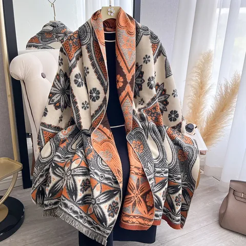 Sciarpa Pashmina Etnica Retro per Donna Poliestere Effetto Cachemire Jacquard Nappa Grande Scialle Invernale Bohemien Paisley