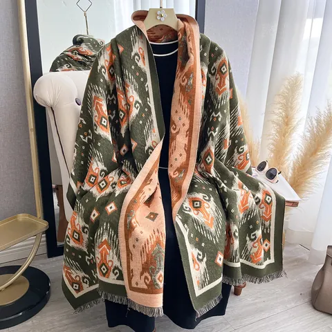 Bufanda Vintage Bohemia con Estampado Geométrico y Borlas Mujer Reversible Gruesa Efecto Cachemira Chal de Invierno Jacquard