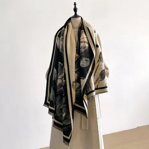 Bufanda Elegante de Tulipán para Mujer Chal Grueso de Imitación Cachemira Estampado Floral Retro Manta Cálida de Invierno con Borlas