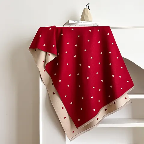 Dames Dubbelzijdige Sjaal met Hartjespatroon Winter Dikke Warme Jacquard Sjaal met Kwastjes Franje Zacht Polyester Pashmina Wrap Cadeau