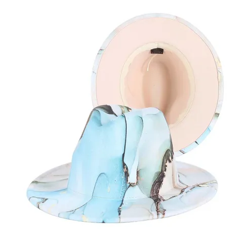 Chapeau Fedora à Large Bord pour Femmes Hommes Motif Marbre Tie-dye Chapeau Jazz en Feutre de Laine Style Britannique