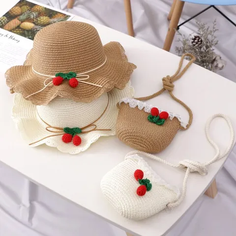 Kids Girls Wavy Edge Straw Hat and Crossbody Bag Set Cute Crochet Cherry Lace Summer Beach Sun Hat for Outdoor Travel Accessories