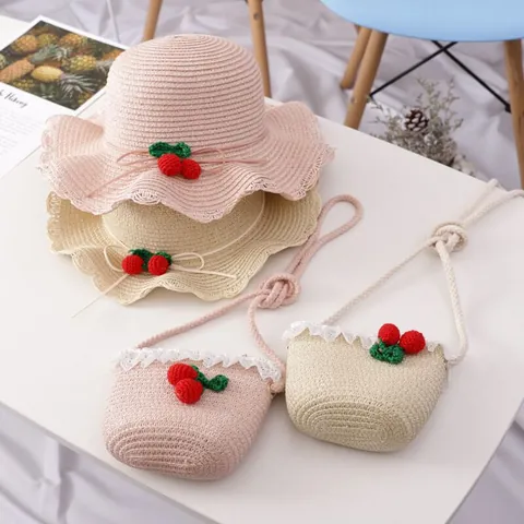 Kids Girls Wavy Edge Straw Hat and Crossbody Bag Set Cute Crochet Cherry Lace Summer Beach Sun Hat for Outdoor Travel Accessories