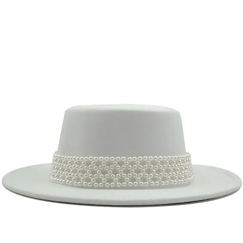 Elegant Women's Cashmere Boater Hat Wide Brim Fedora With Artificial Pearl Beaded Band Vintage Solid Color Woolen Felt Hat For Party