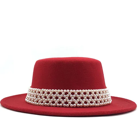 Elegant Women's Cashmere Boater Hat Wide Brim Fedora With Artificial Pearl Beaded Band Vintage Solid Color Woolen Felt Hat For Party