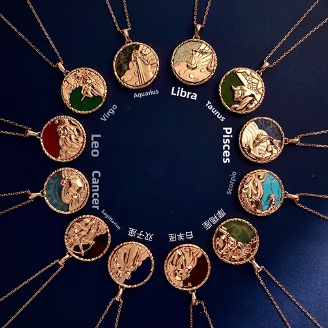 Vintage Copper Zodiac Medallion Pendant Necklace Embossed Coin Semi-Precious Stone Inlaid Long Sweater Chain For Women Jewelry Gift