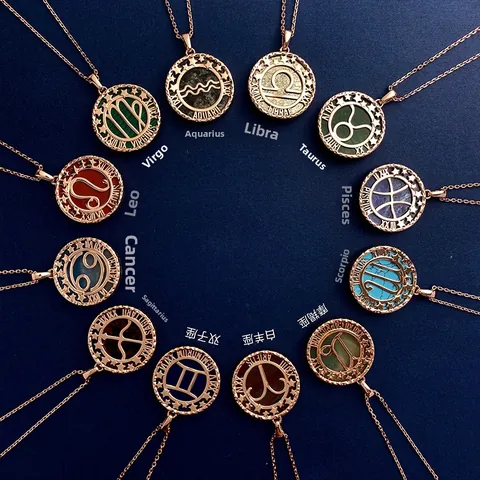 Vintage Copper Zodiac Medallion Pendant Necklace Embossed Coin Semi-Precious Stone Inlaid Long Sweater Chain For Women Jewelry Gift