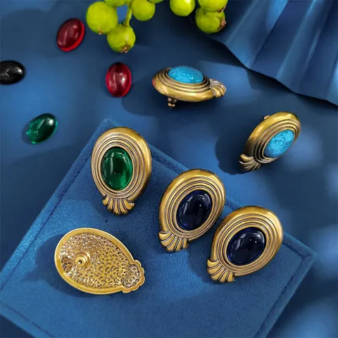 Vintage Palace Style Copper Stud Earrings Water Drop Oval Emerald Ruby Gemstone Baroque Jewelry For Women Elegant Earring