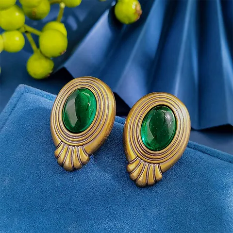 Vintage Palace Style Copper Stud Earrings Water Drop Oval Emerald Ruby Gemstone Baroque Jewelry For Women Elegant Earring