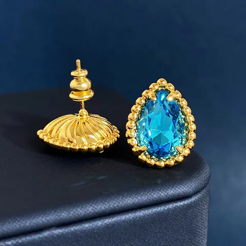 Boucles d'Oreilles Clous en Cristal Coloré en Forme de Goutte pour Femmes Vintage Cuivre Plaqué Or Bordure Perlée Milgrain