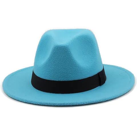 Vintage Unisex Wide Brim Fedora Hat Woolen Felt Jazz Hat With Ribbon Band Fashion Flat Top Casual Sun Cap Outdoor Headwear