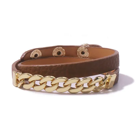 Pulsera Punk de Doble Envoltura de Piel Sintética para Mujer Cadena Cubana Oro Color Sólido Grano de Litchi Botón de Presión