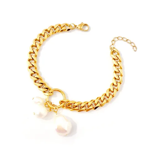 Bracciale Unisex in Rame Placcato Oro 18K con Anello Tondo Perla Artificial Barocca Irregolare Catena Cubana Spessa per Uomo Donna Gioielli