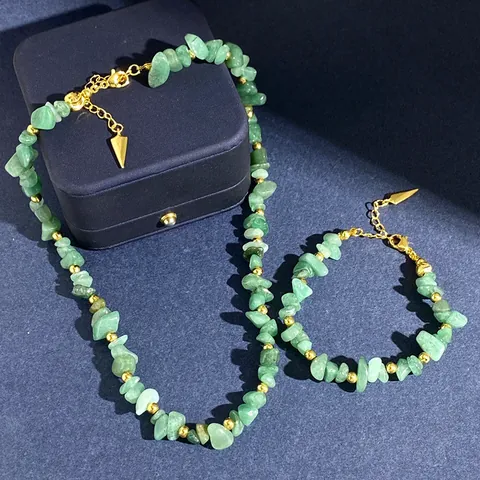 Natural Green Aventurine Copper Irregular Stone Necklace And Bracelet Bohemian Jewelry Set For Women Daily Party Decoration