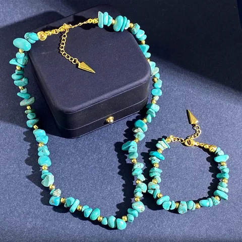 Bohemian Natuursteen Onregelmatige Grind Kralen Ketting Voor Vrouwen Vintage Geometrische Turkoois Koperen Ketting Sleutelbeen Ketting Sieraden