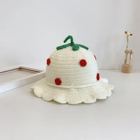 Linen Strawberry Knit Bucket Hat For Toddler Baby Girl Winter Warm Crochet Hat With Wavy Brim Outdoor Kids Accessories