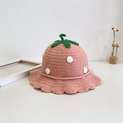 Linen Strawberry Knit Bucket Hat For Toddler Baby Girl Winter Warm Crochet Hat With Wavy Brim Outdoor Kids Accessories