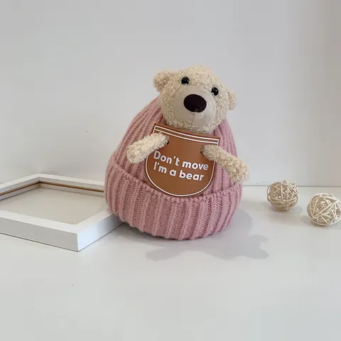 Berretto a Maglia Caldo Invernale per Neonati Simpatico Orso Cartone Animato Don't Move I Am A Bear Lettera Patch